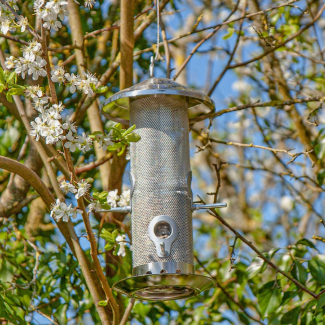 Medium Stainless Steel Seed Bird Feeder with Squirrel-Proof Locking Lid - 4 Port