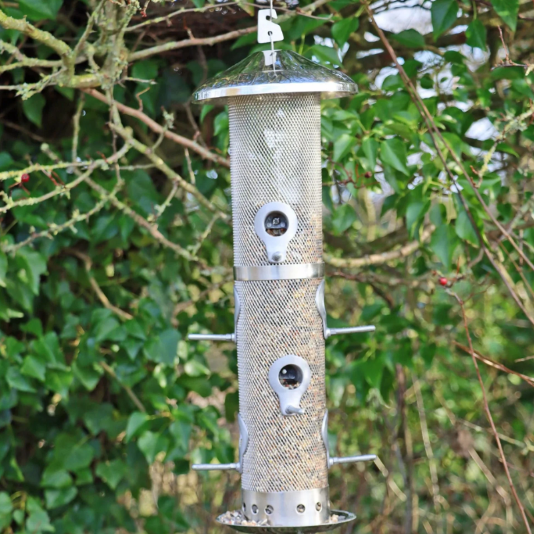 Large Stainless Steel Seed Bird Feeder with Squirrel-Proof Locking Lid - 6 Port