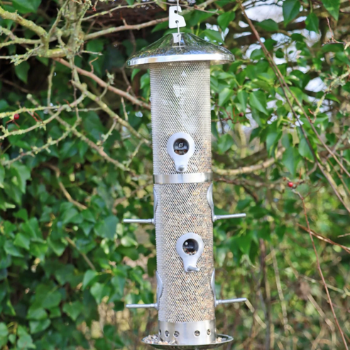 Large Stainless Steel Seed Bird Feeder with Squirrel-Proof Locking Lid - 6 Port