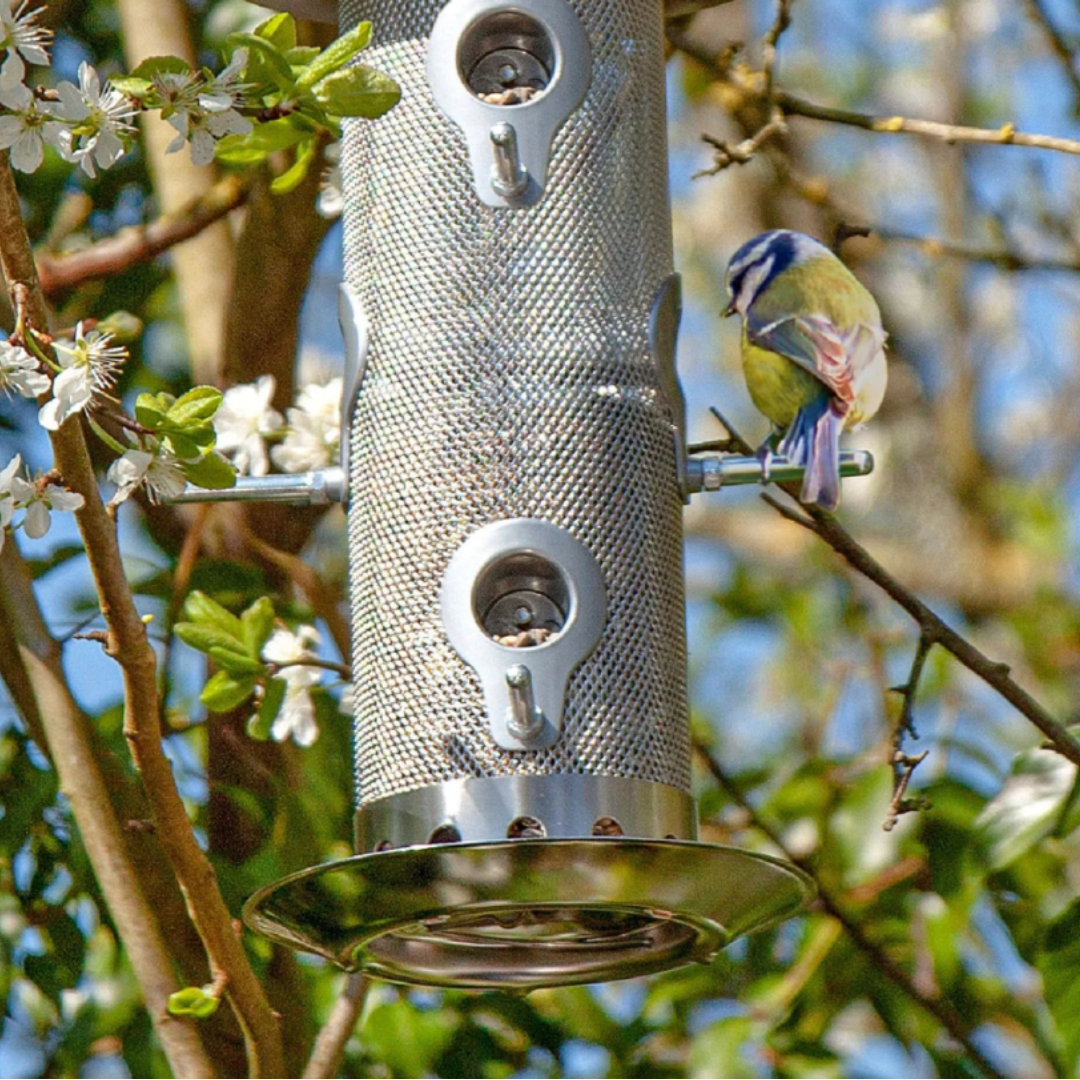 Large Stainless Steel Seed Bird Feeder with Squirrel-Proof Locking Lid - 6 Port