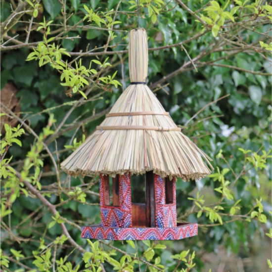 Artisan Hexagonal Thatched Bird Table – Red