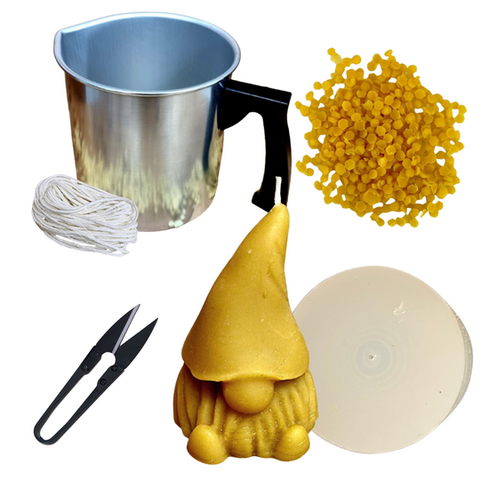Candlemaking Kit - Gonk Mould, Melting Pot, 30ft Wick, Wick Snips and 200g Beeswax Beads