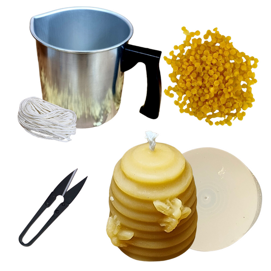 Candlemaking Kit - 1.5" Skep Mould, Melting Pot, 30ft Wick, Wick Snips and 200g Beeswax Beads
