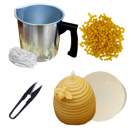 Candlemaking Kit - 2" Skep Mould, Melting Pot, 30ft Wick, Wick Snips and 200g Beeswax Beads