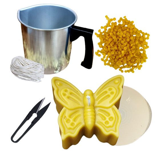 Candlemaking Kit - Butterfly Mould, Melting Pot, 30ft Wick, Wick Snips and 200g Beeswax Beads