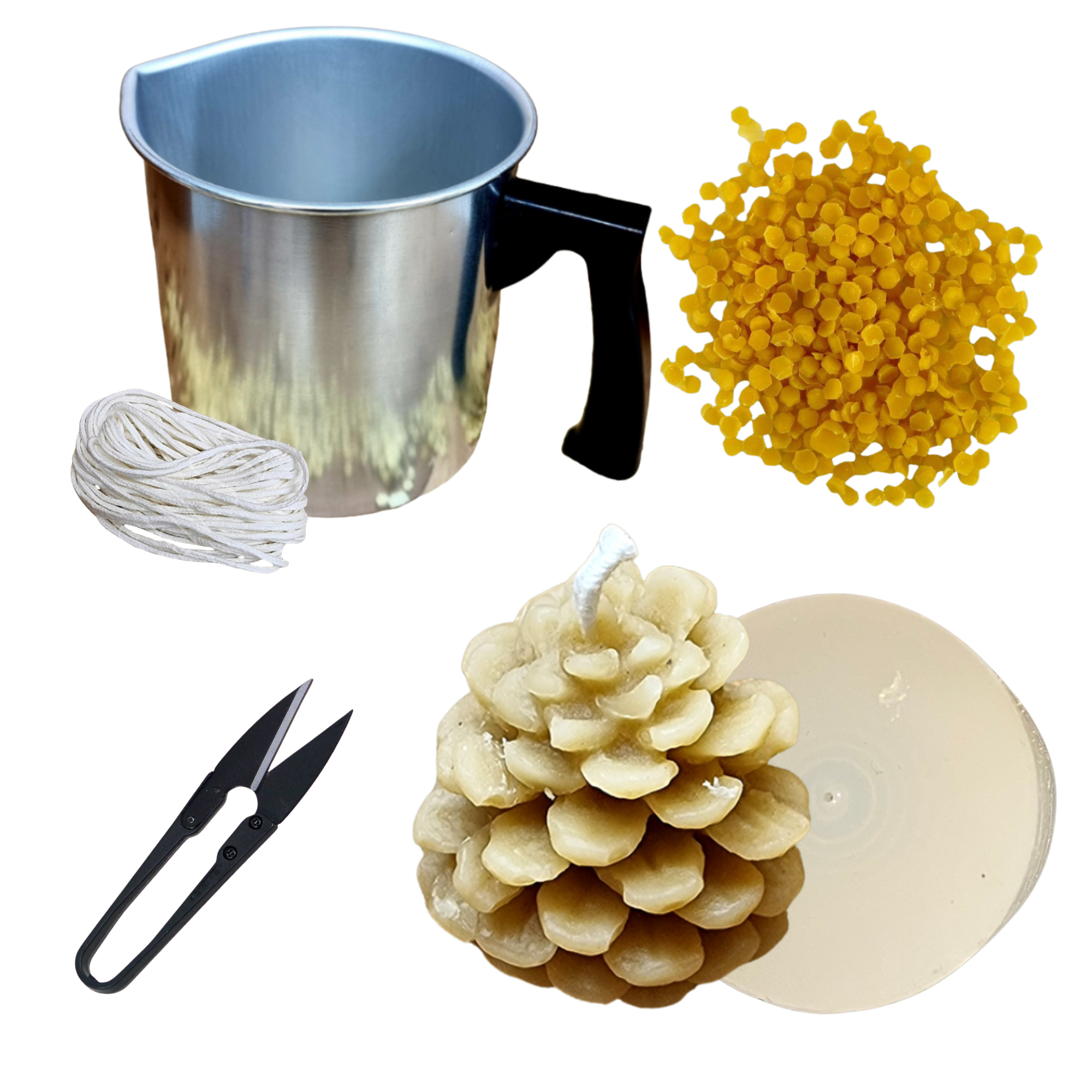 Candlemaking Kit - Pine Cone Mould, Melting Pot, 30ft Wick, Wick Snips and 200g Beeswax Beads