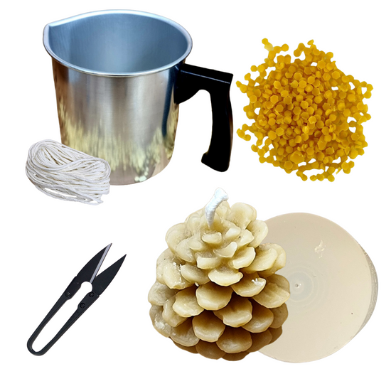 Candlemaking Kit - Pine Cone Mould, Melting Pot, 30ft Wick, Wick Snips and 200g Beeswax Beads