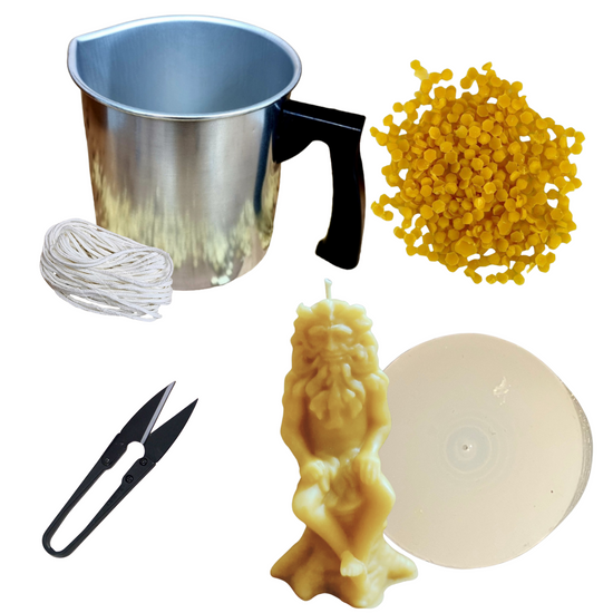 Candlemaking Kit - Green Man Mould, Melting Pot, 30ft Wick, Wick Snips and 200g Beeswax Beads