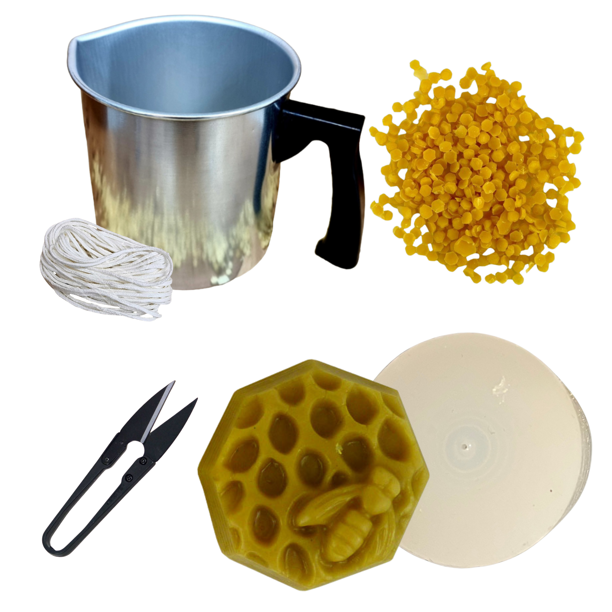 Candlemaking Kit - Queen Bee Hex Mould, Melting Pot, 30ft Wick, Wick Snips and 200g Beeswax Beads