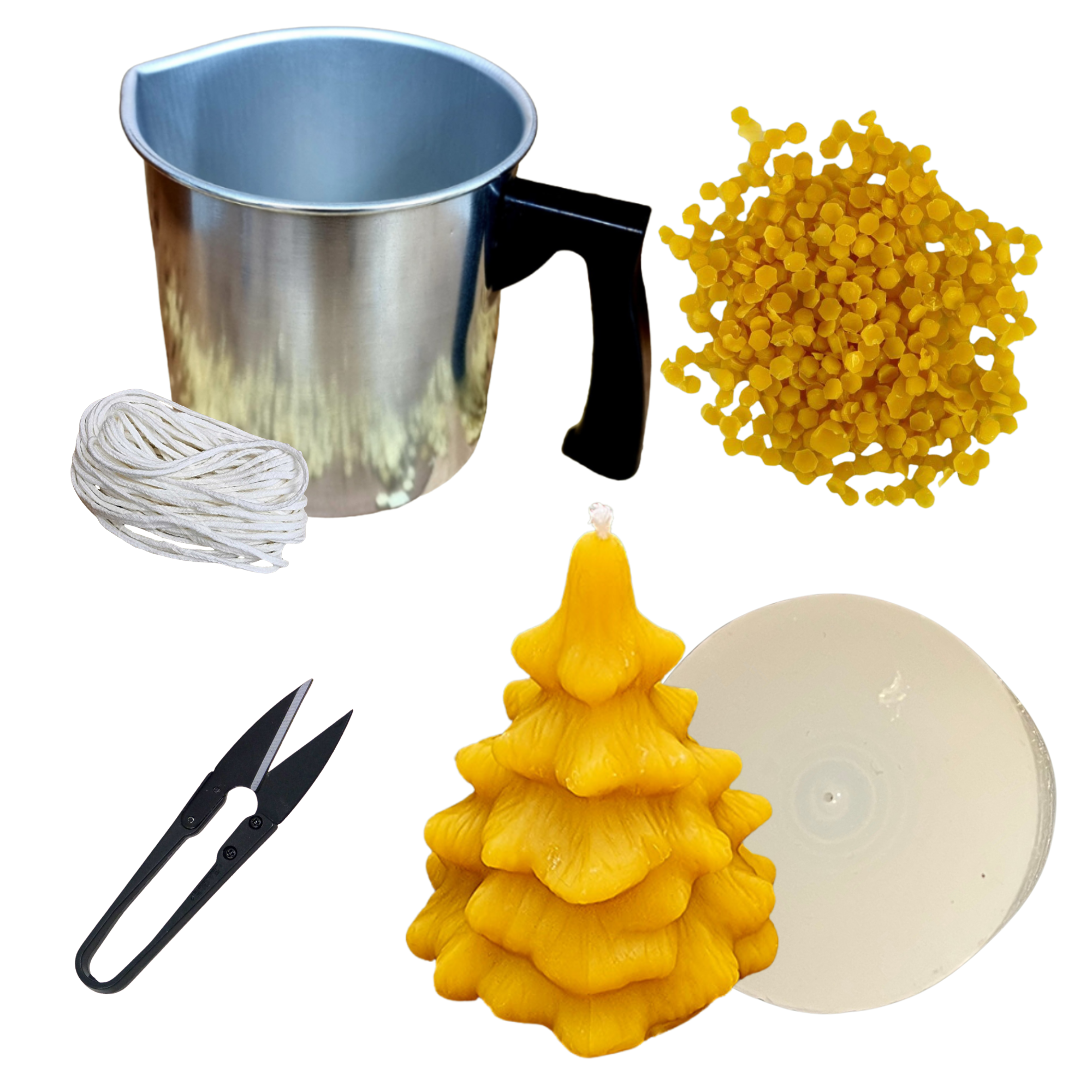Candlemaking Kit - Spruce Tree Mould, Melting Pot, 30ft Wick, Wick Snips and 200g Beeswax Beads
