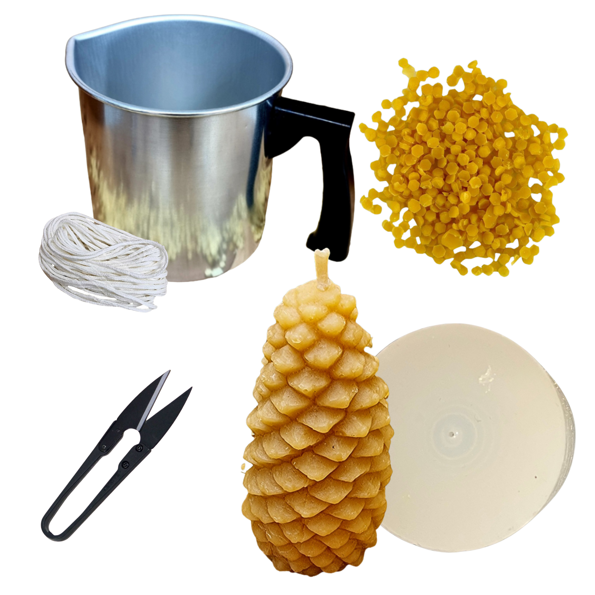 Candlemaking Kit - Tall Pine Cone Mould, Melting Pot, 30ft Wick, Wick Snips and 200g Beeswax Beads