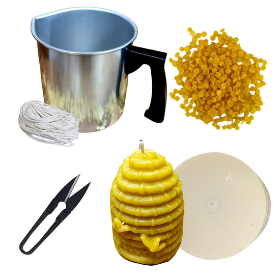 Candlemaking Kit - Beehive Skep Mould, Melting Pot, 30ft Wick, Wick Snips and 200g Beeswax Beads