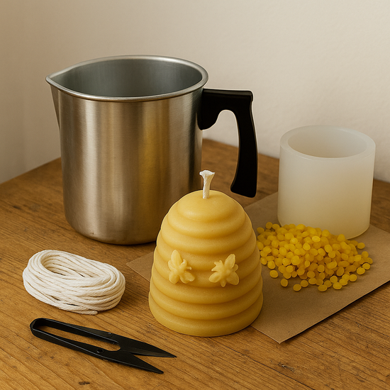 Candlemaking Kit - 1.5" Skep Mould, Melting Pot, 30ft Wick, Wick Snips and 200g Beeswax Beads