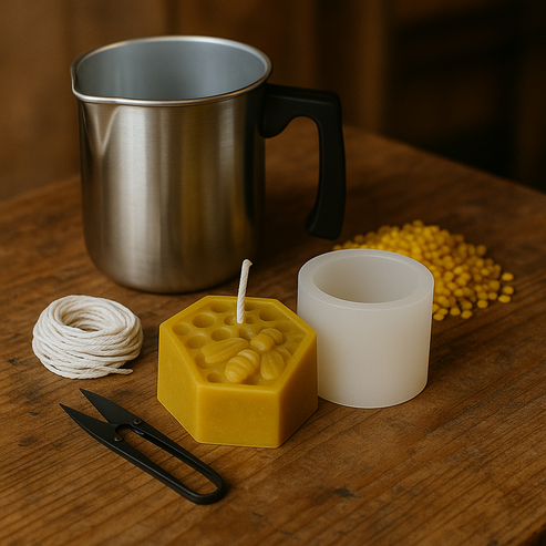 Candlemaking Kit - Queen Bee Hex Mould, Melting Pot, 30ft Wick, Wick Snips and 200g Beeswax Beads
