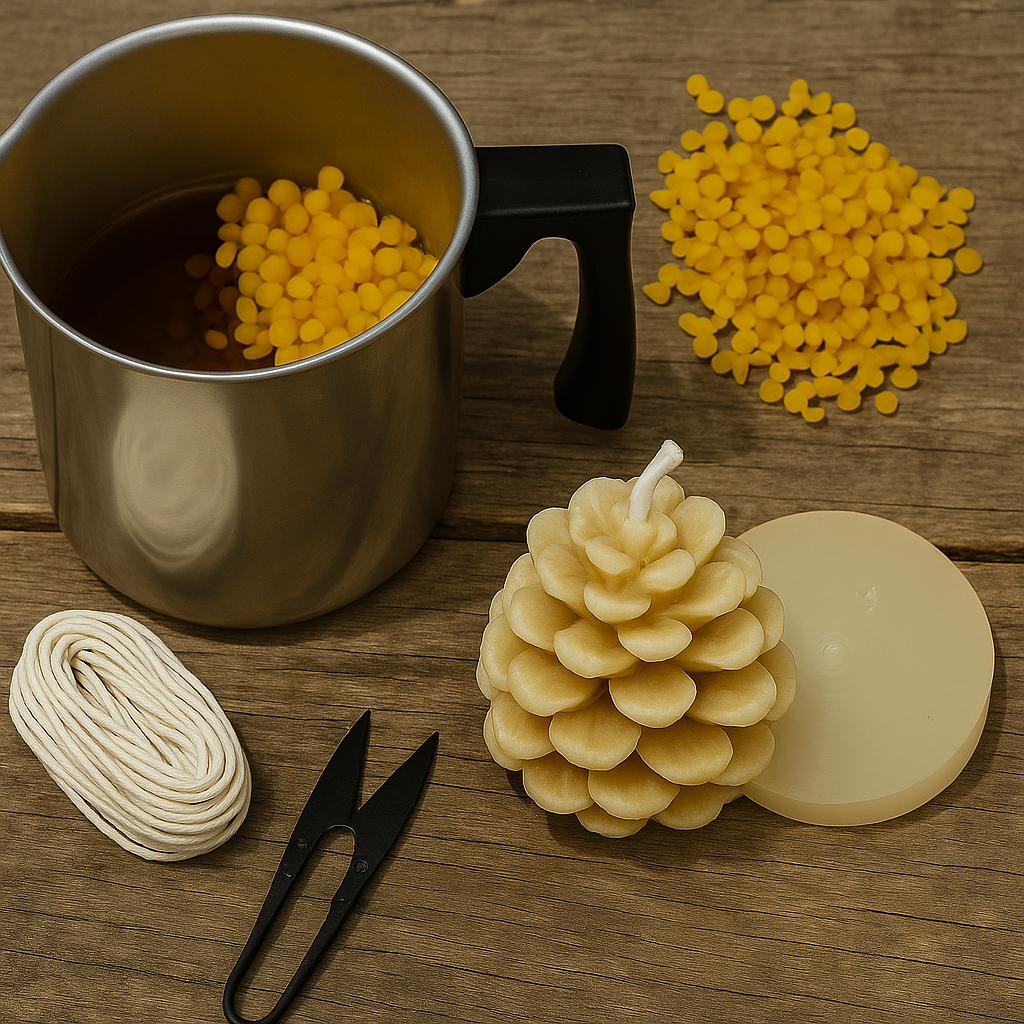 Candlemaking Kit - Pine Cone Mould, Melting Pot, 30ft Wick, Wick Snips and 200g Beeswax Beads