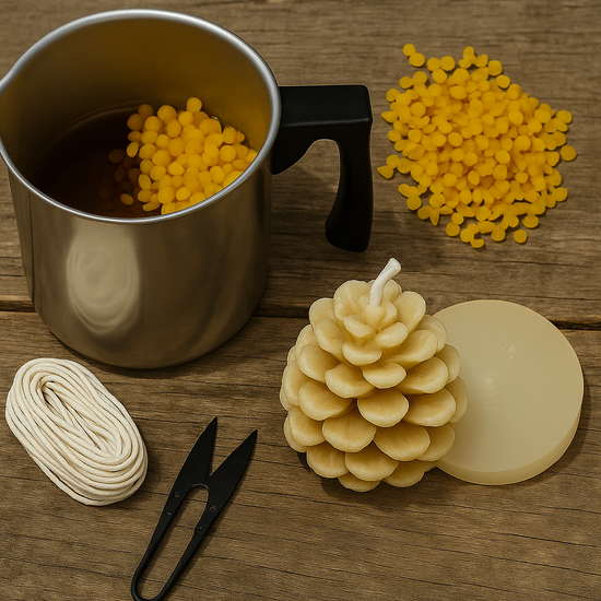 Candlemaking Kit - Pine Cone Mould, Melting Pot, 30ft Wick, Wick Snips and 200g Beeswax Beads