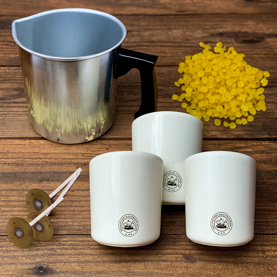 Candlemaking Kit - 3 Kew Gardens Ceramic Jars, Wicking Tabs, 200g Beeswax Beads & Melting Pot