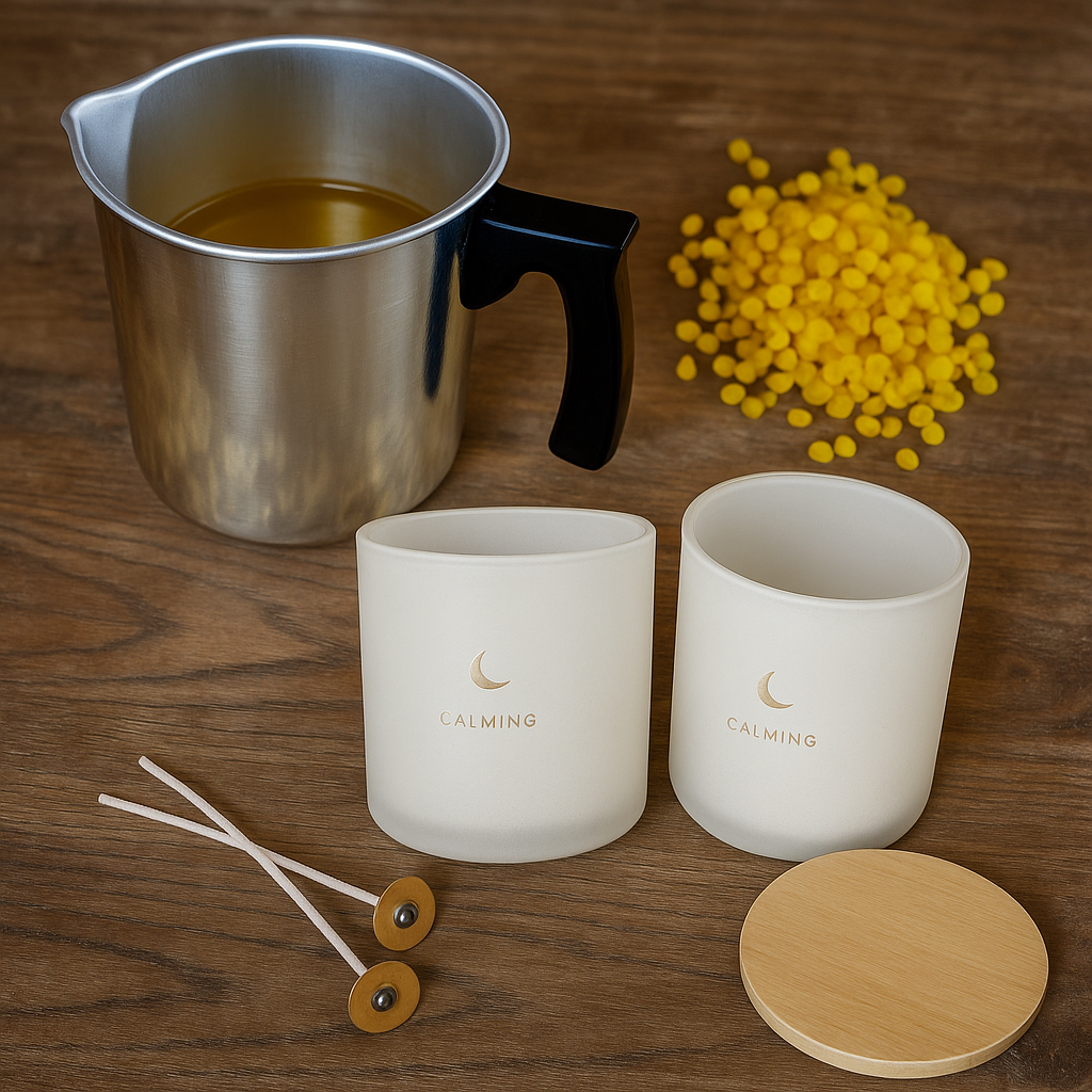 Candlemaking Kit - 2 Large Jars, Wicking Tabs, 200g Beeswax Beads & Melting Pot