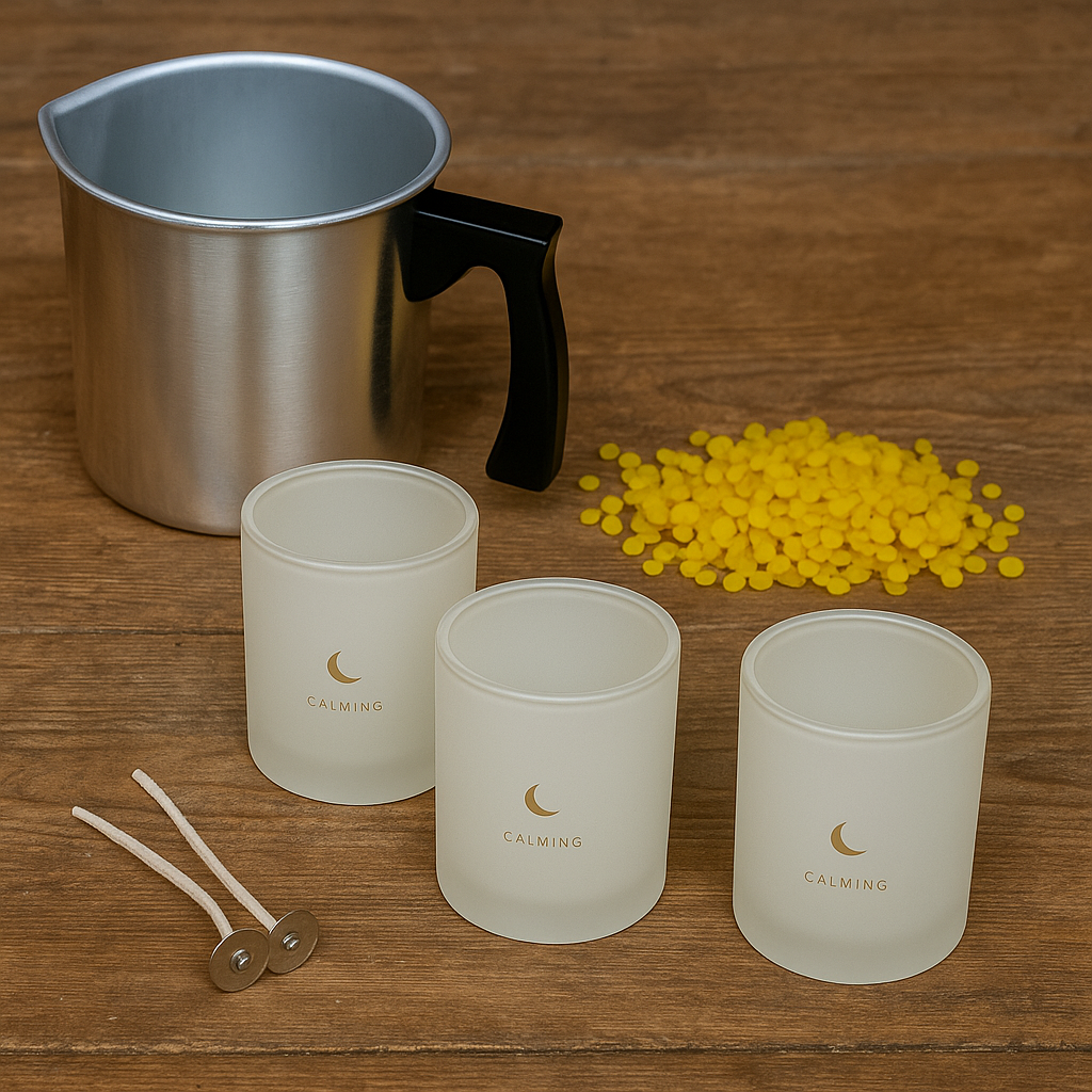 Candlemaking Kit - 3 Small Jars, Wicking Tabs, 200g Beeswax Beads & Melting Pot
