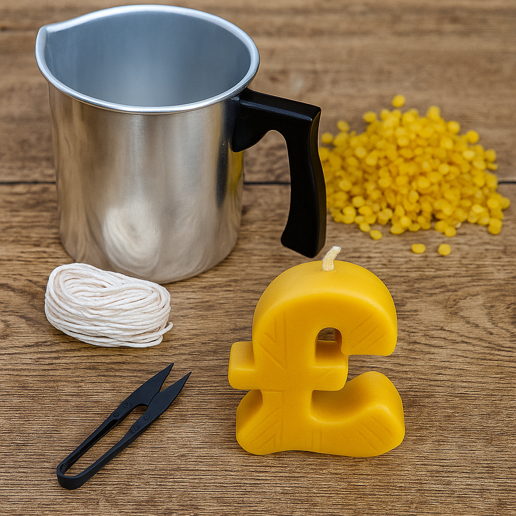 Candlemaking Kit - Pound Sign Mould, Melting Pot, 30ft Wick, Wick Snips and 200g Beeswax Beads