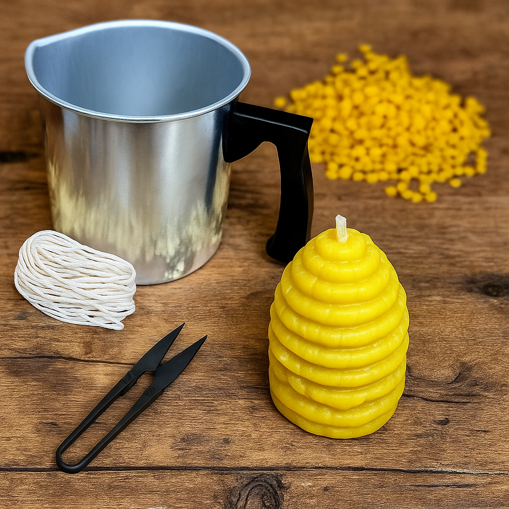 Candlemaking Kit - Beehive Skep Mould, Melting Pot, 30ft Wick, Wick Snips and 200g Beeswax Beads