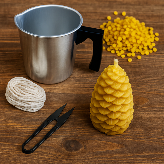 Candlemaking Kit - Tall Pine Cone Mould, Melting Pot, 30ft Wick, Wick Snips and 200g Beeswax Beads