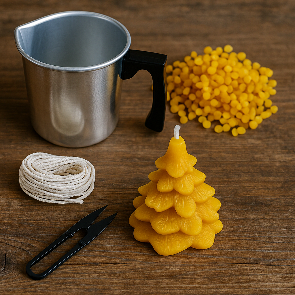 Candlemaking Kit - Spruce Tree Mould, Melting Pot, 30ft Wick, Wick Snips and 200g Beeswax Beads