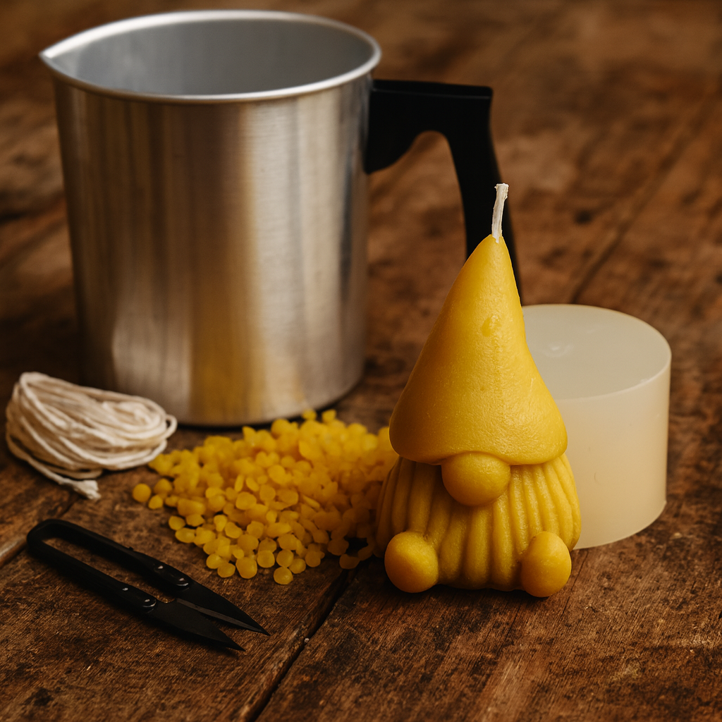 Candlemaking Kit - Gonk Mould, Melting Pot, 30ft Wick, Wick Snips and 200g Beeswax Beads